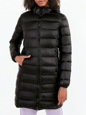 Aritzia TNA The Little Puff Long packable black down filled hooded jacket XS